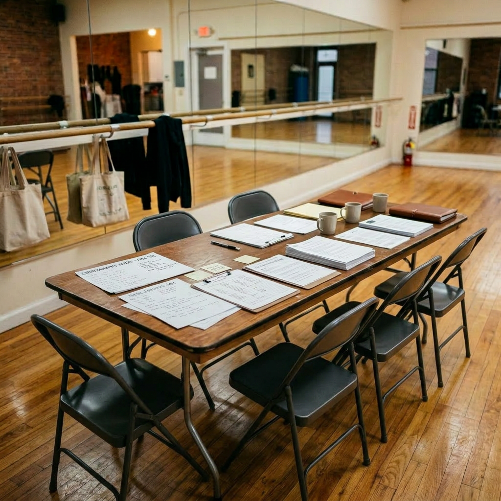 Table with dance schedules and notes in dance studio with dancers seen in mirror