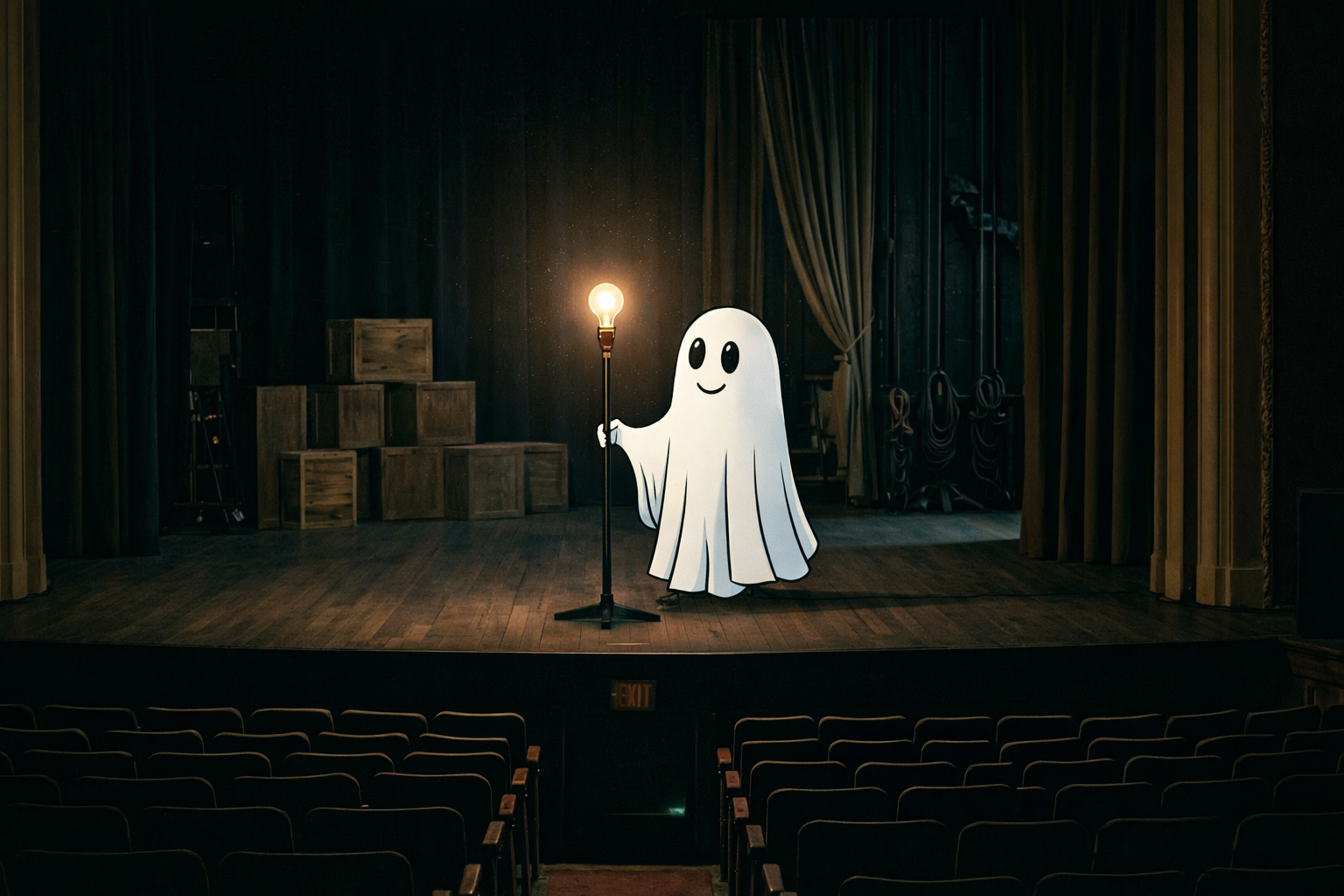 A cartoon ghost holding a lit light bulb on a stand in the middle of a dark empty theater stage